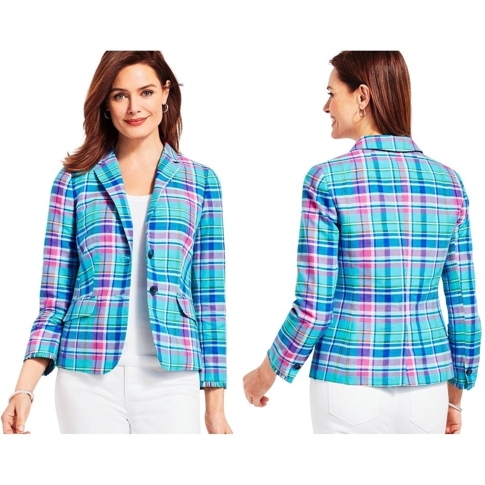 Talbots Petite 4P Madras Plaid Linen Blend Blazer Blue Pink Green Ruffle Cuff - Picture 10 of 10